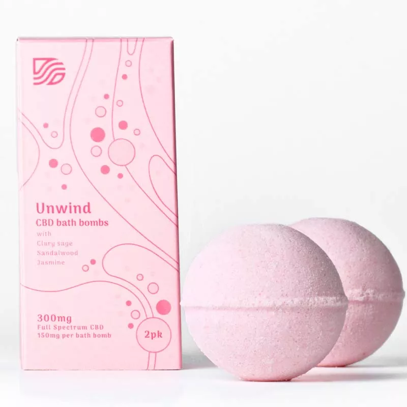 Unwind CBD bath bombs, pale pink box, 300mg Full Spectrum CBD, 2-pack.
