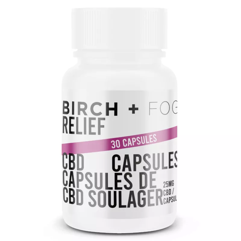 CBD relief capsules by Birch + Fog in a white bottle with magenta stripe, 25mg per capsule.