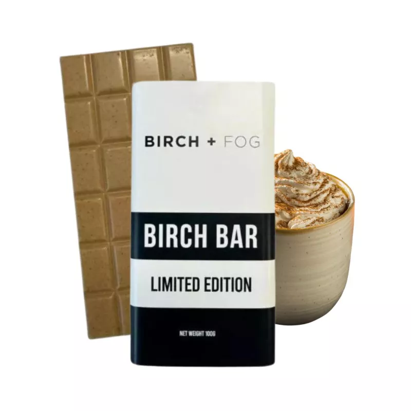 Limited edition Birch + Fog chocolate bar with frothy coffee.