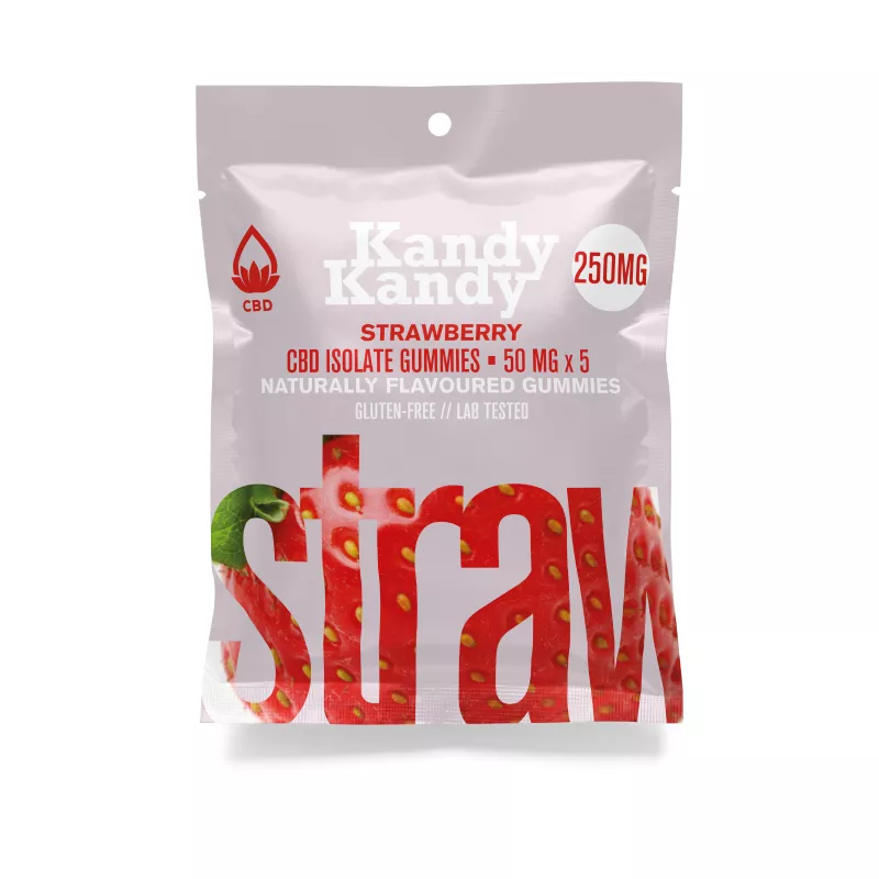 Strawberry-flavored Kandy Kandy CBD gummies, 250mg isolate, gluten-free, lab-tested.