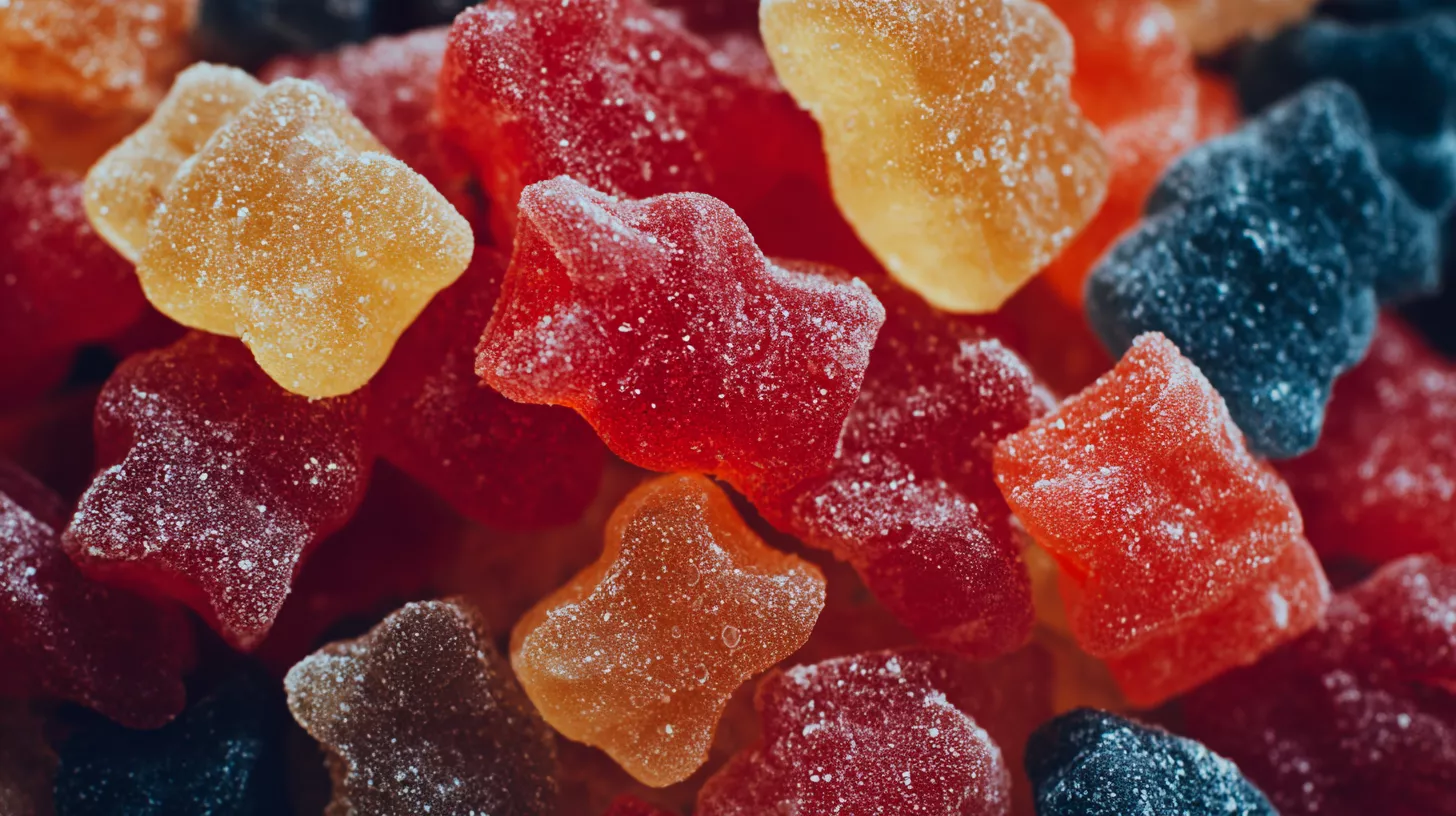 Colorful gummy bears scattered on a surface, featuring red, orange, yellow, and black hues.