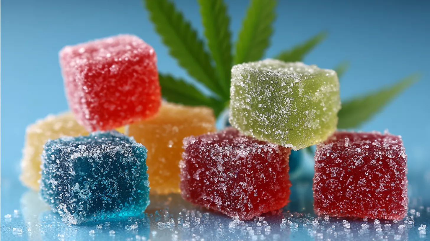 Colorful gummy candies stacked with a green leaf in the background.