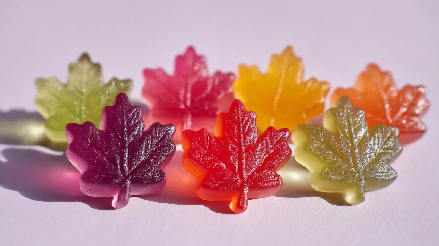 Colorful gummy candies shaped like leaves, arranged on a light background.