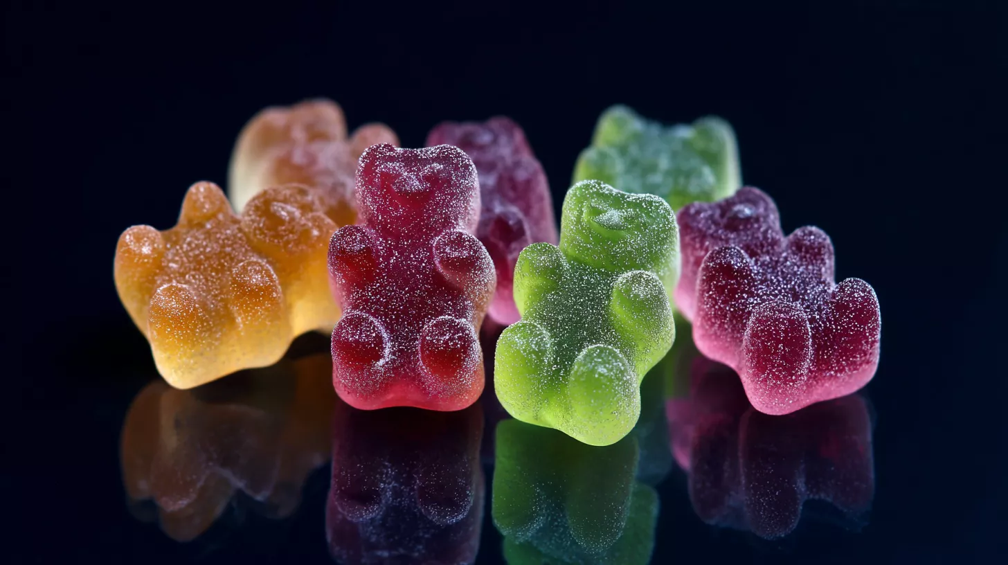 Colorful gummy bears in various shades, reflecting on a dark surface.