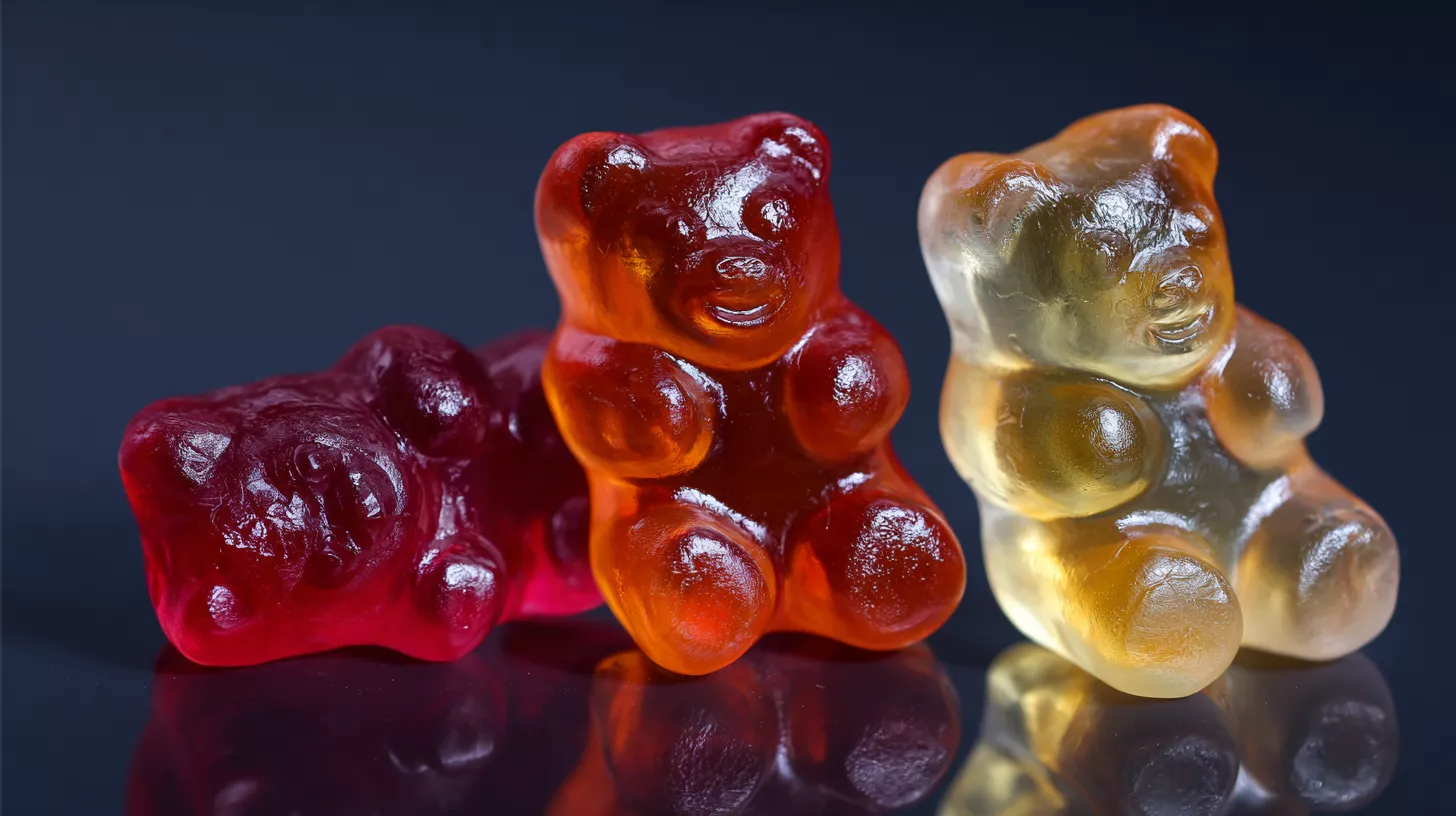 Colorful gummy bears in red, orange, and yellow against a dark background.