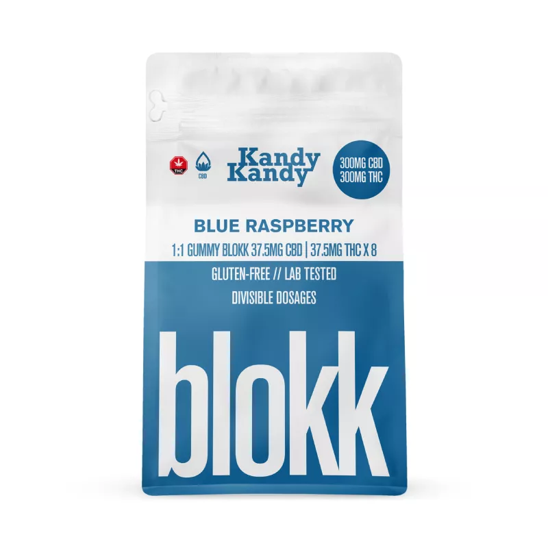 Kandy Kandy Blue Raspberry Gummies with 300mg CBD and THC, lab-tested and gluten-free.