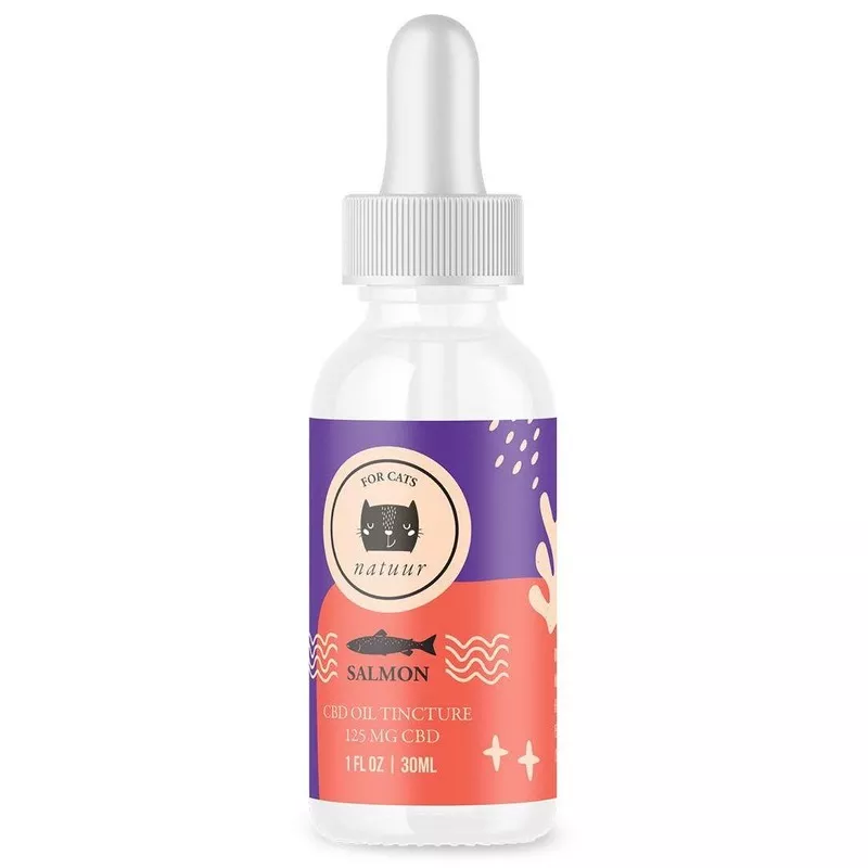 Natural wellness CBD oil tincture for cats, salmon flavor, sleek design, 125mg CBD.