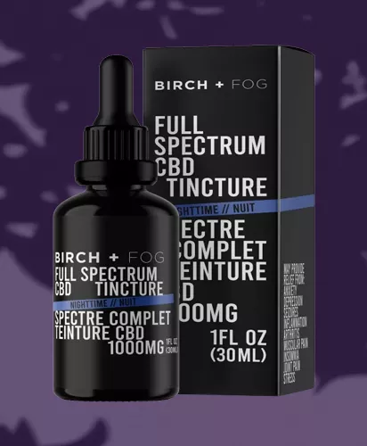 Birch + Fog Full Spectrum CBD Tincture 1000mg nighttime formula bottle and box.