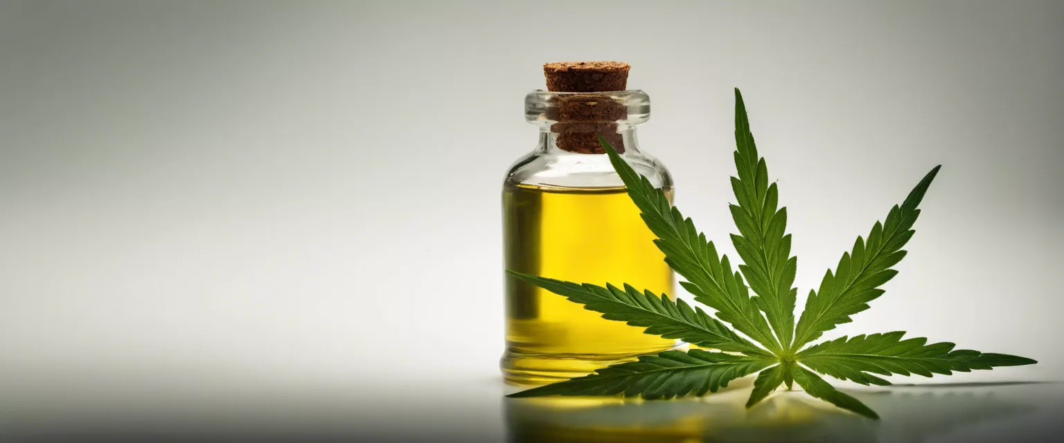 Golden cannabis oil in a glass bottle with a green leaf, symbolizing natural wellness benefits.