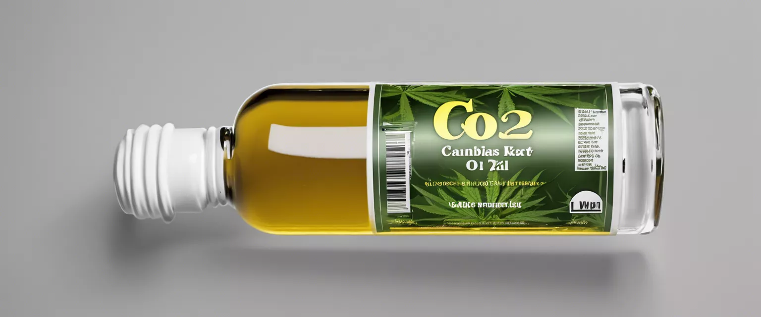 Glass bottle of golden CO2 extracted cannabis oil with green leaf label.