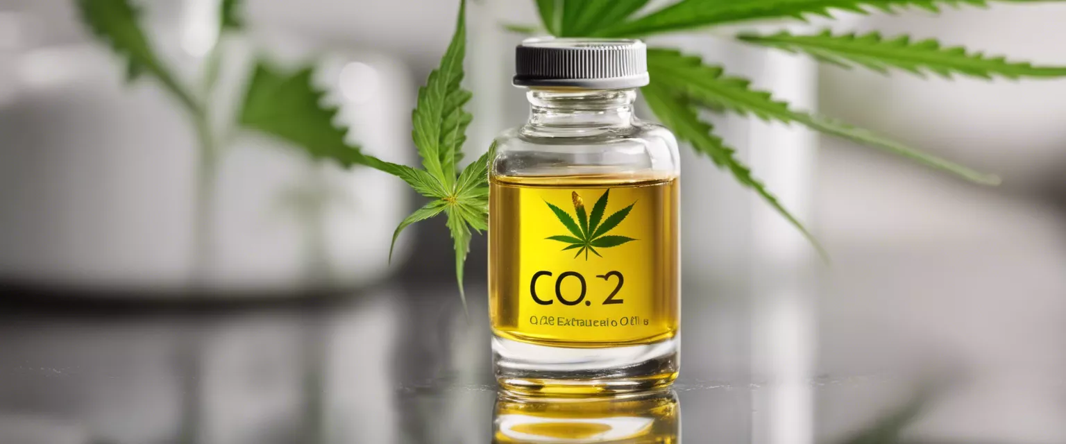 Premium CO2 extracted cannabis oil in clear bottle with cannabis leaf backdrop.
