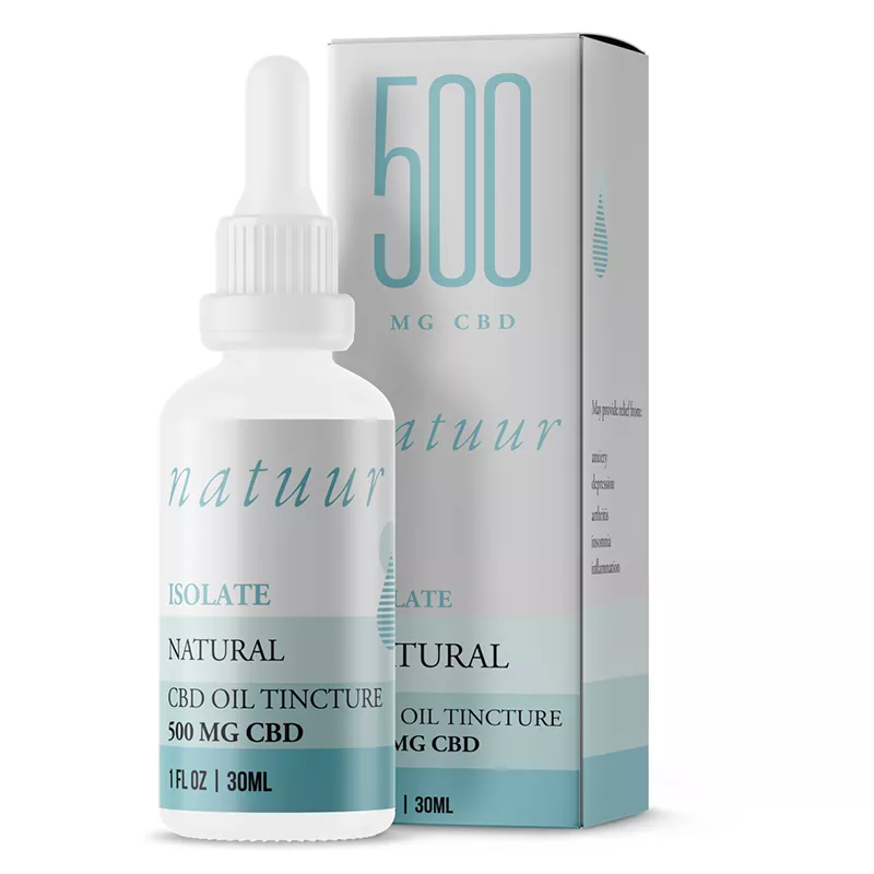CBD oil tincture bottle and box from natuur, 500MG, natural isolate.