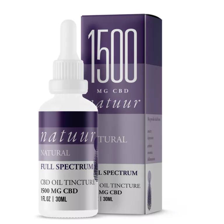 Full Spectrum CBD Oil Tincture 1500mg by natuur, white bottle with purple label and box.