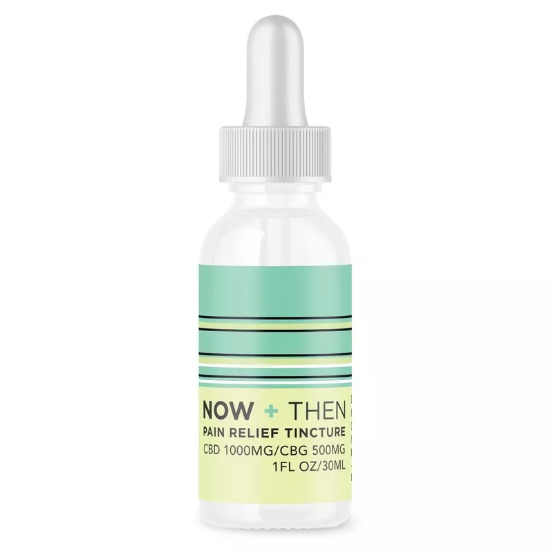 CBD CBG pain relief tincture bottle with dropper and green label design.