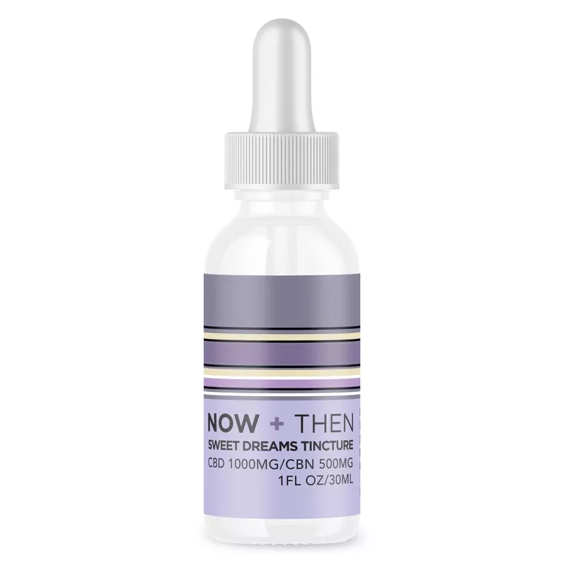 Sweet Dreams Tincture: CBD 1000mg, CBN 500mg for sleep in stylish bottle design.