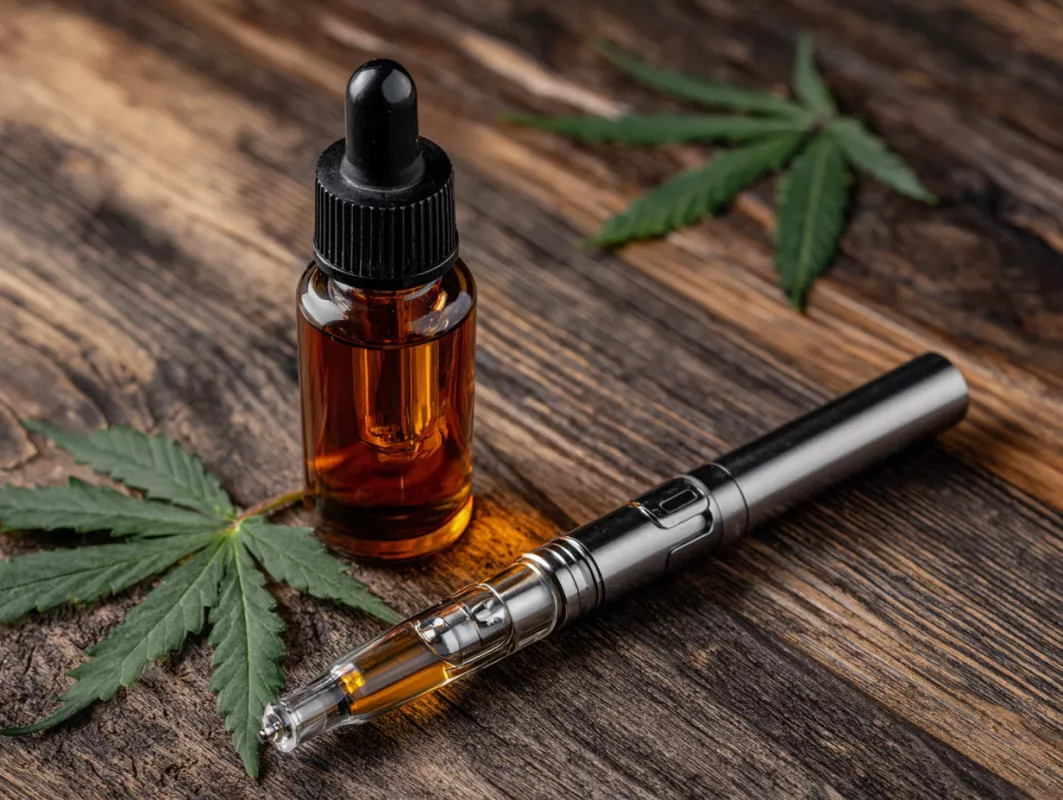 CBD oil bottle and vape pen on rustic wood with fresh hemp leaves.