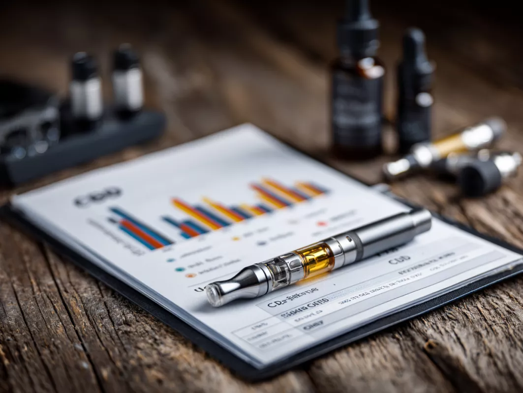 Vape pen on CBD report with oil vials on rustic table.