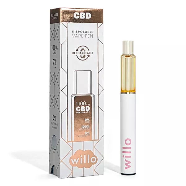 Willo 1100mg CBD Vape Pen - Rechargeable, THC-Free, Sleek White & Gold Design.