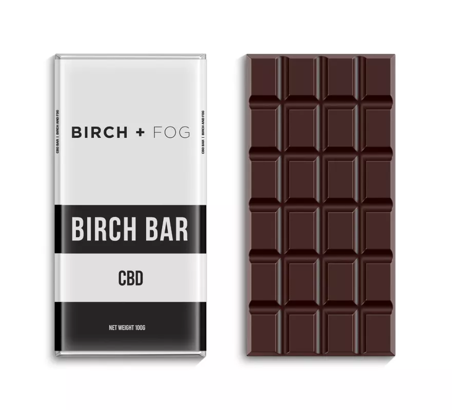 CBD chocolate bar by Birch + Fog with minimalist packaging.