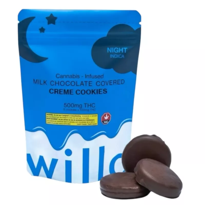 Cannabis-infused chocolate cookies packaging with 500mg THC and willo branding displayed.