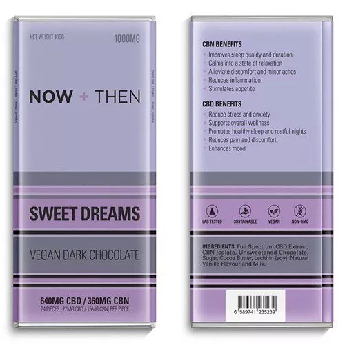 NOW + THEN Sweet Dreams Vegan Dark Chocolate 100g, 1000mg cannabinoids, CBD, CBN benefits.