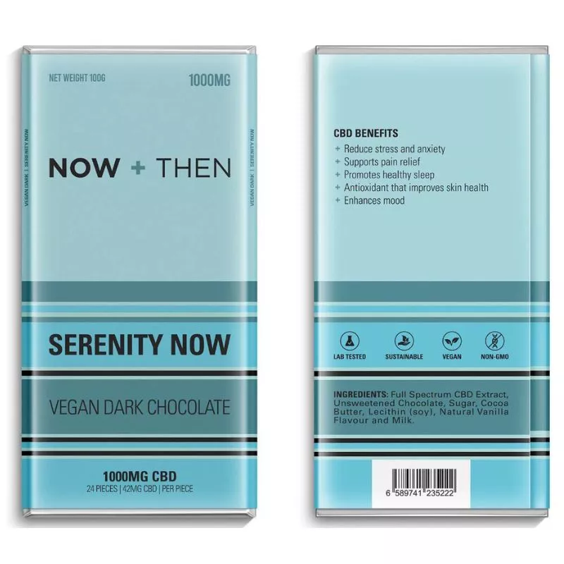 CBD-infused vegan dark chocolate bar SERENITY NOW with 1000MG CBD.