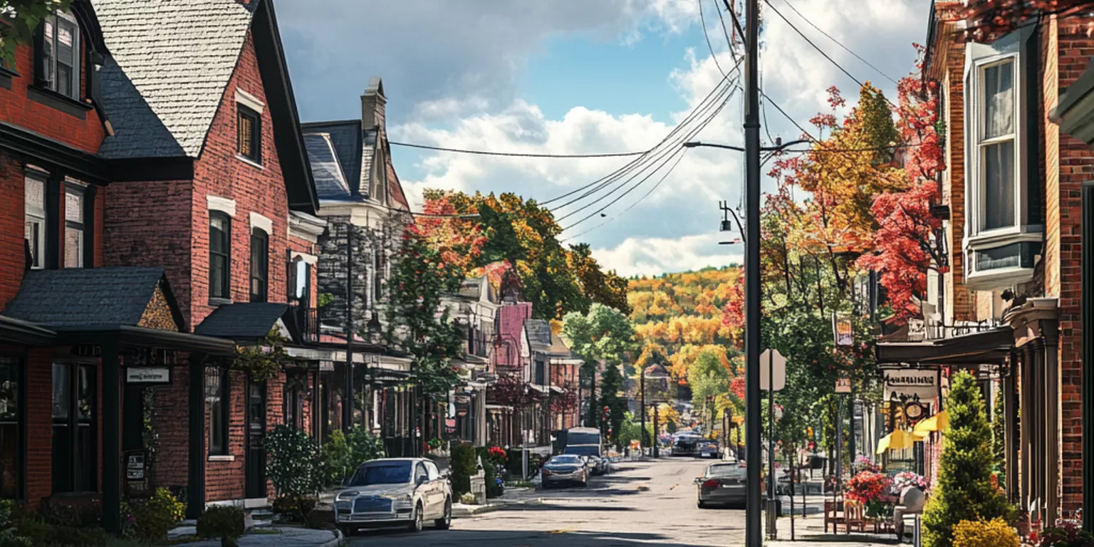 Charming small town street in autumn with historic buildings and vibrant foliage.