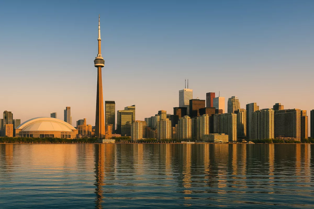 City skyline at dusk, sunset hues, reflective water, modern architecture, tower, dome, greenery.