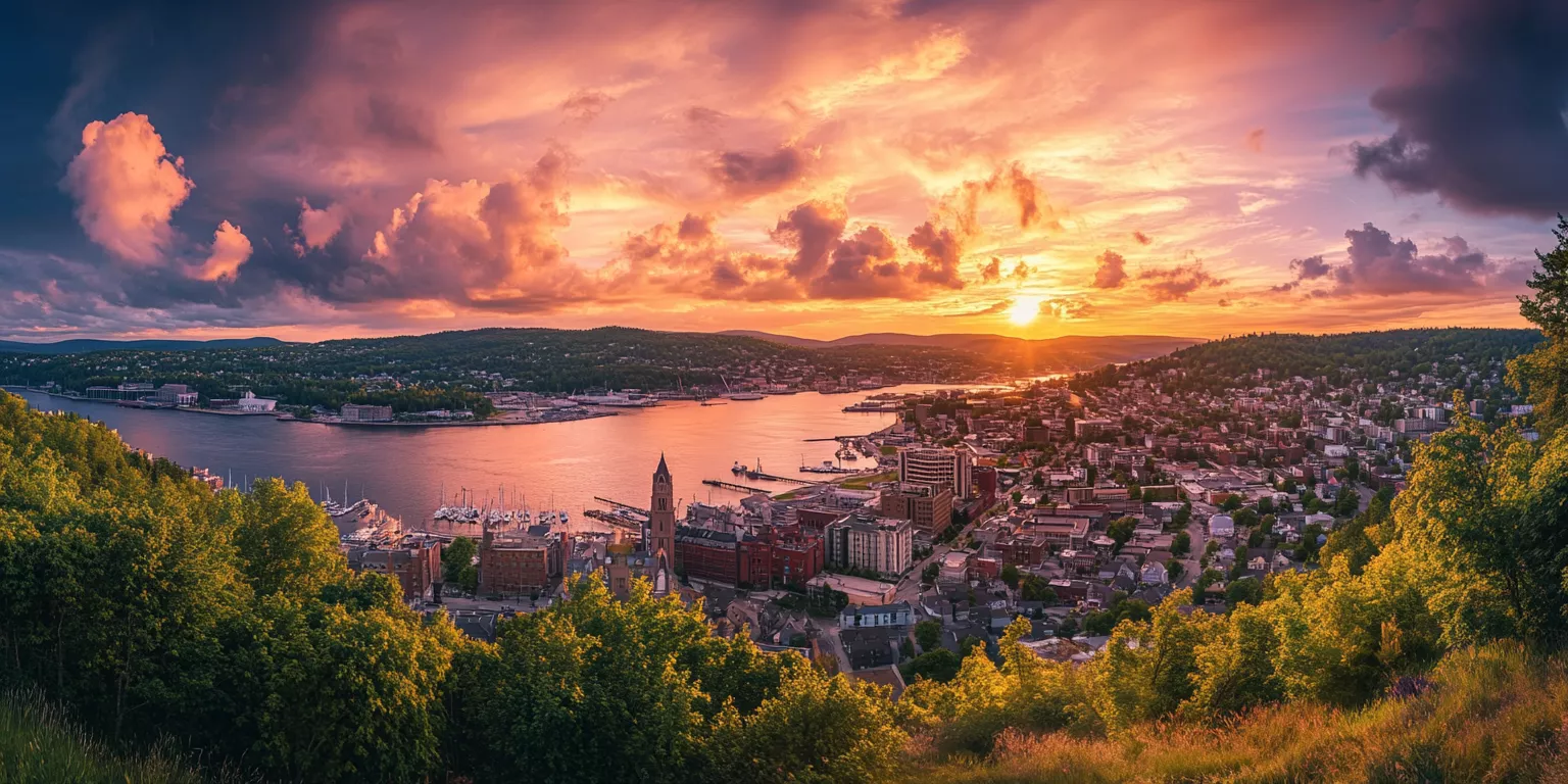 Panoramic city view with sunset, river, colorful sky, greenery, and iconic clock tower.