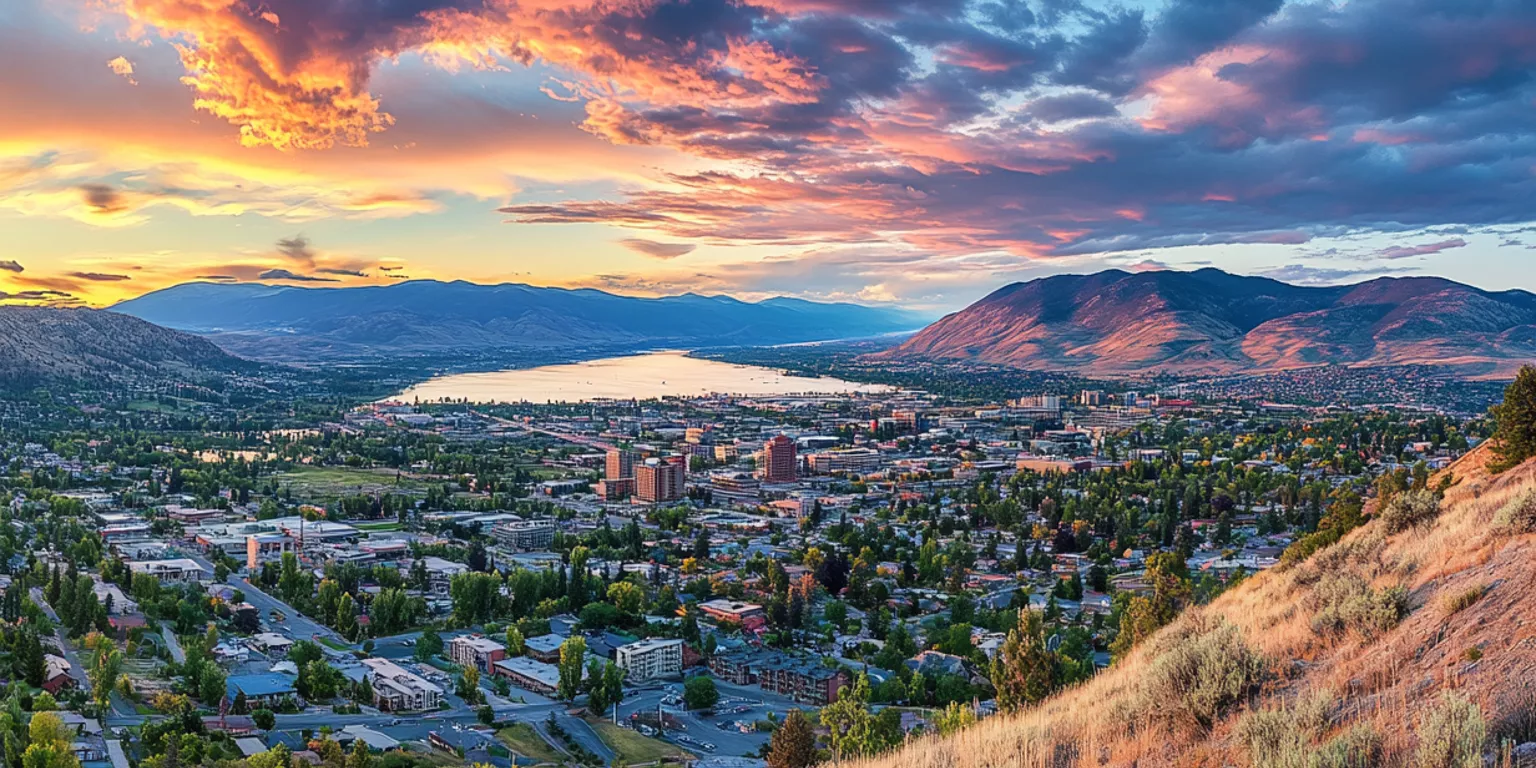 Breathtaking city nestled in valley, mountains backdrop, lake, sunset colors, vibrant architecture.
