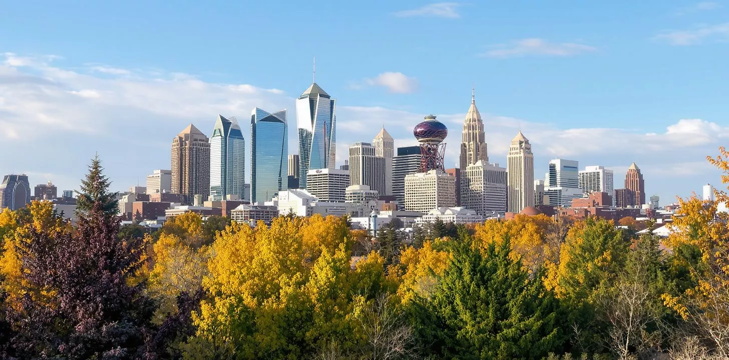 Vibrant city skyline with modern skyscrapers, autumn trees, and clear blue sky.