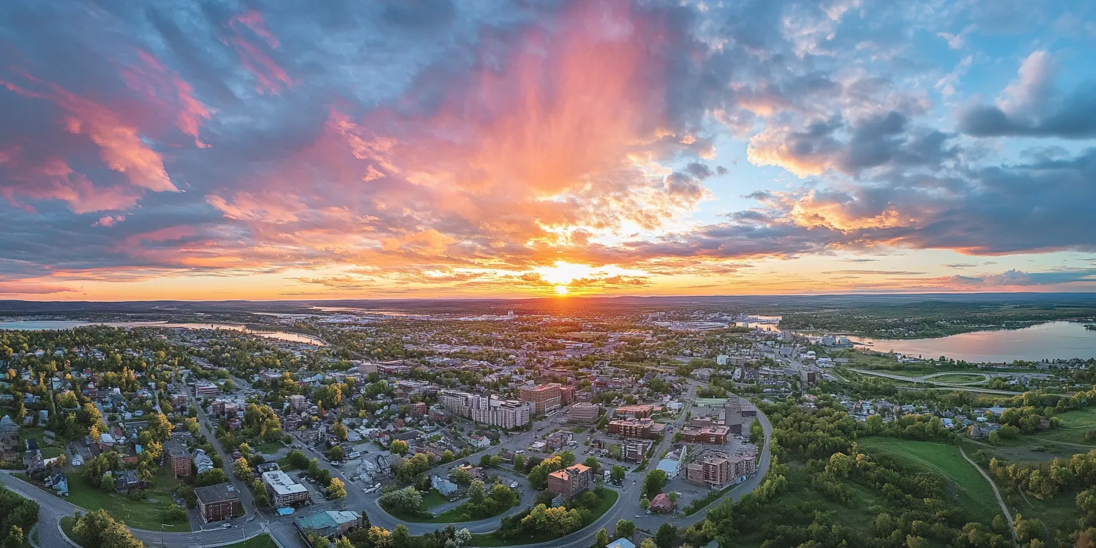 Aerial view of sunset over town, vibrant sky, river, and greenery.