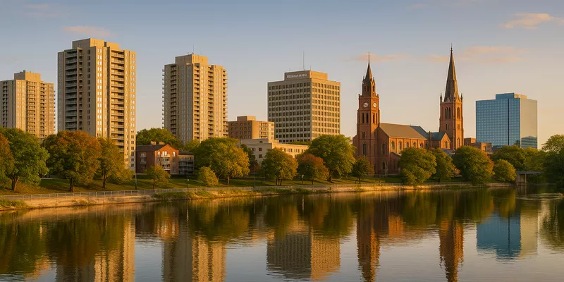 Urban landscape at sunset with modern buildings, historic church, lush trees, and reflective water.