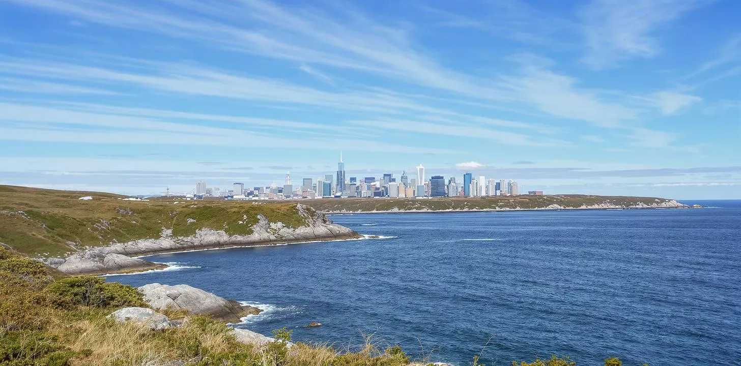 Breathtaking coastline and urban skyline panorama with ocean and clear sky.