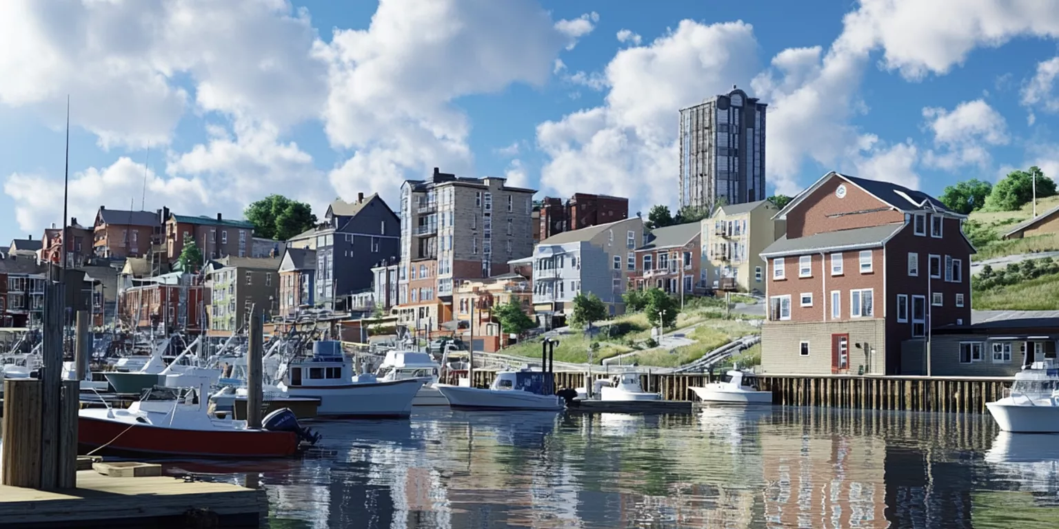 Picturesque coastal town with vibrant harbor, boats, diverse architecture, clear sky, and modern developments.