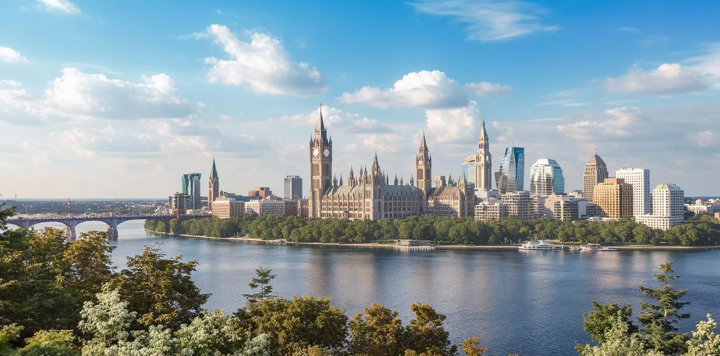 City skyline with gothic architecture, modern buildings, river, and bridge under blue sky.
