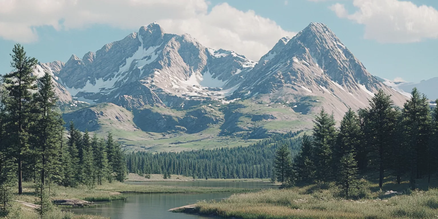 Mountain landscape with rugged peaks, lush green forest, and tranquil reflective water under blue sky.