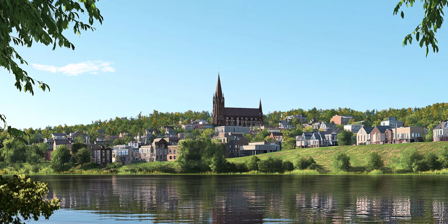 Scenic townscape with a Gothic church, water reflection, and greenery under blue skies.
