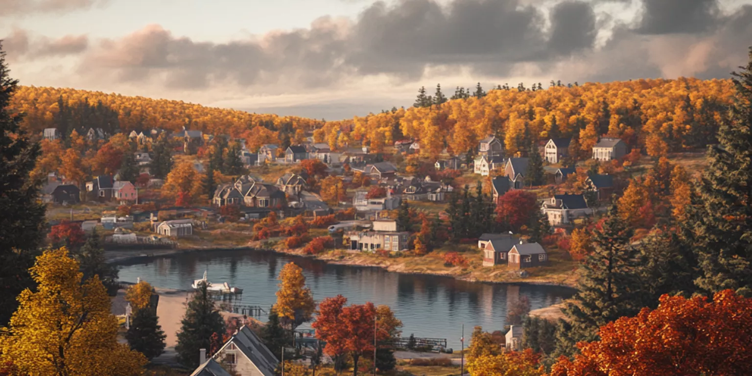 Quaint autumn village by a tranquil lake, rustic homes, vibrant trees, serene landscape.