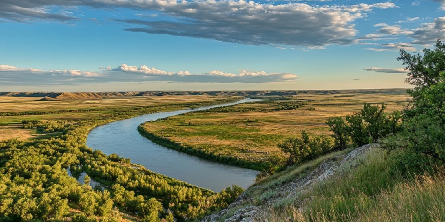 Serene landscape with a winding river, lush greenery, and a vibrant, late-afternoon sky.