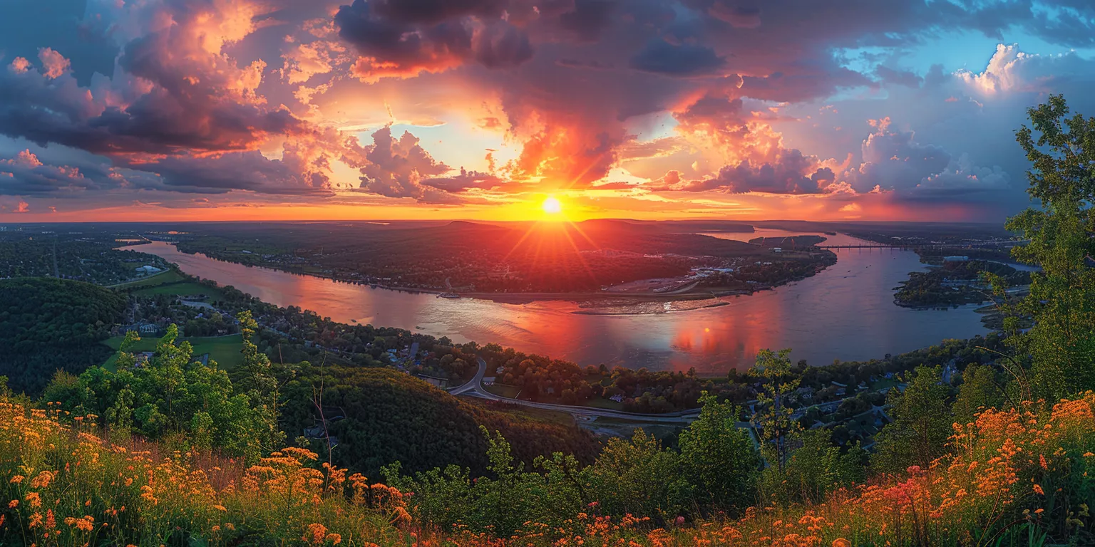 Breathtaking sunset over a reflective river with lush greenery and distant mountains.