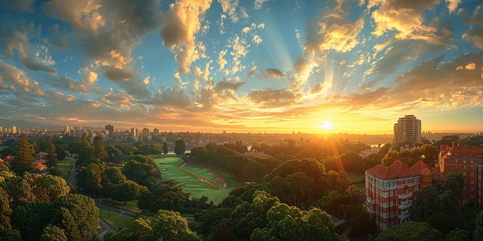Sunrise cityscape with park, golf course, skyline, and coastline background.