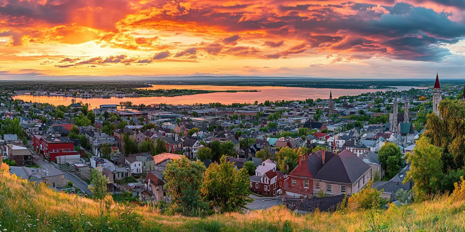 Sunset over city skyline with colorful sky, grassy hill, wildflowers, and water reflection.