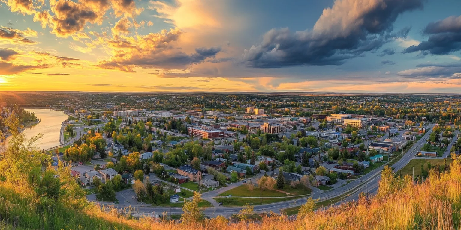 Panoramic cityscape at sunset with river, golden grasses, and dramatic sky.