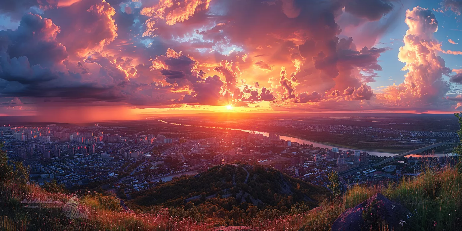 Panoramic cityscape at sunset with vibrant skies, reflective river, and lush hillside.