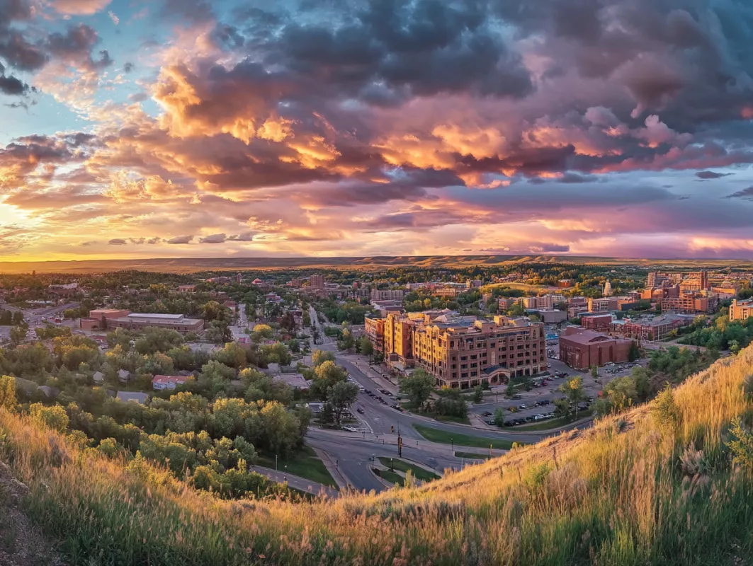 Cityscape at sunset with urban and natural elements blending harmoniously.