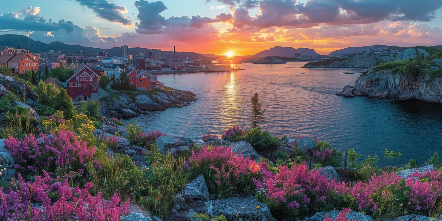 Sunset seascape with wildflowers, red buildings, and mountains in a coastal paradise.