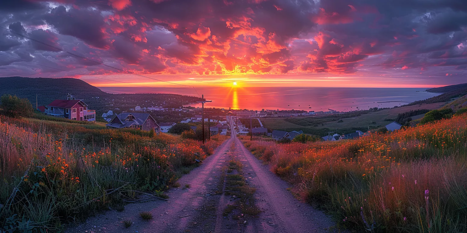 Sunset over coastal village; vibrant sky, dirt road, wildflowers, rustic homes, tranquil sea.