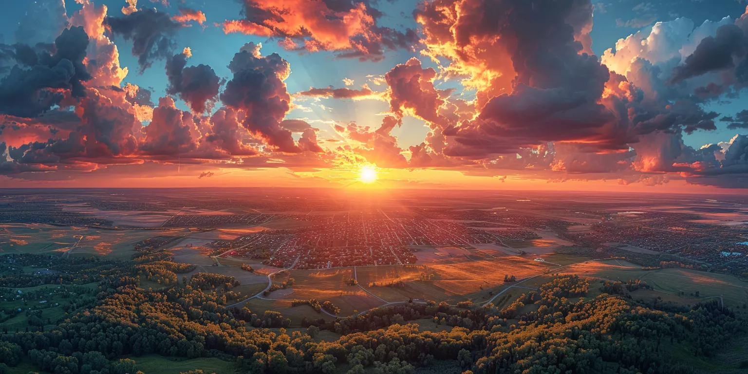 Breathtaking sunset over rural landscape with vibrant sky, forests, fields, and distant town.