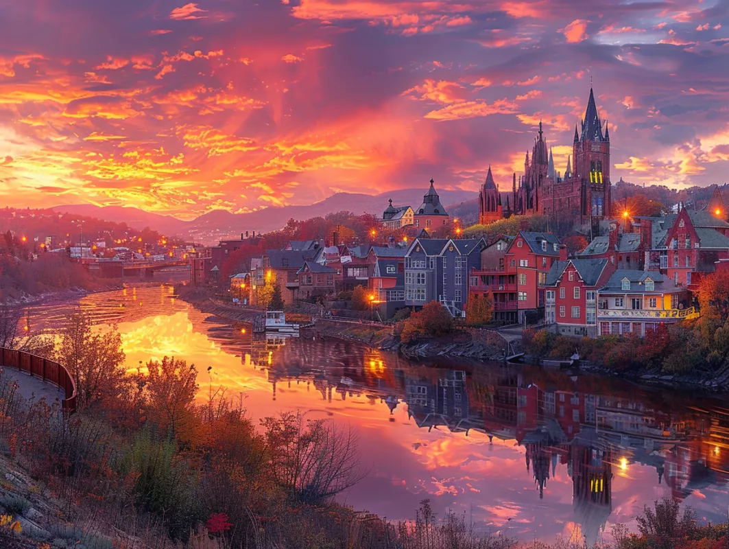 Sunset over European town with cathedral, river, colorful sky, and autumn trees.